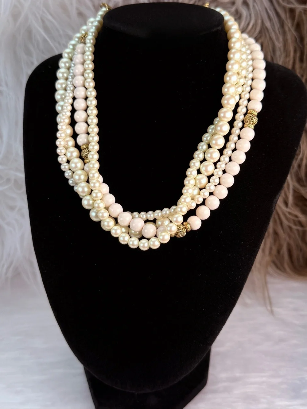 1928 Multi Strand Cream Blush Bead Gold Tone Statement Necklace Vintage